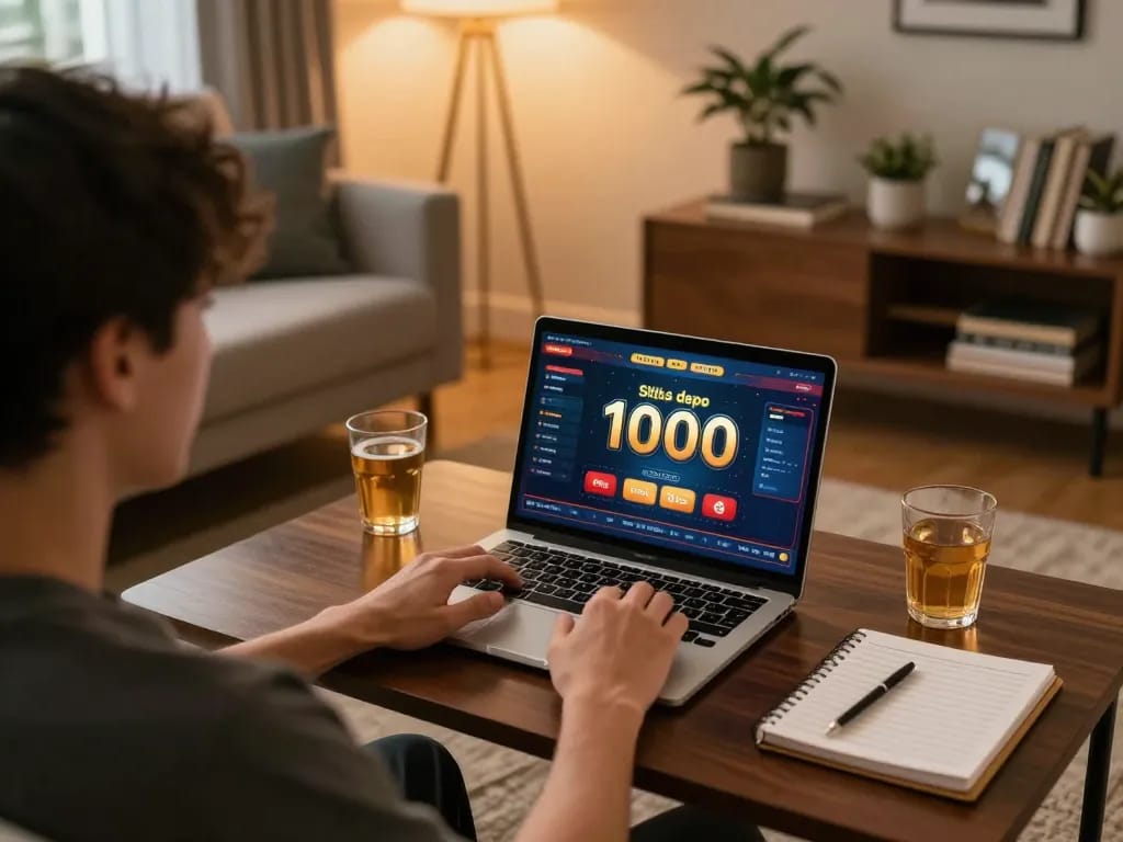Opsi situs depo 1000 ditampilkan di laptop selama sesi permainan online di ruang tamu yang nyaman.