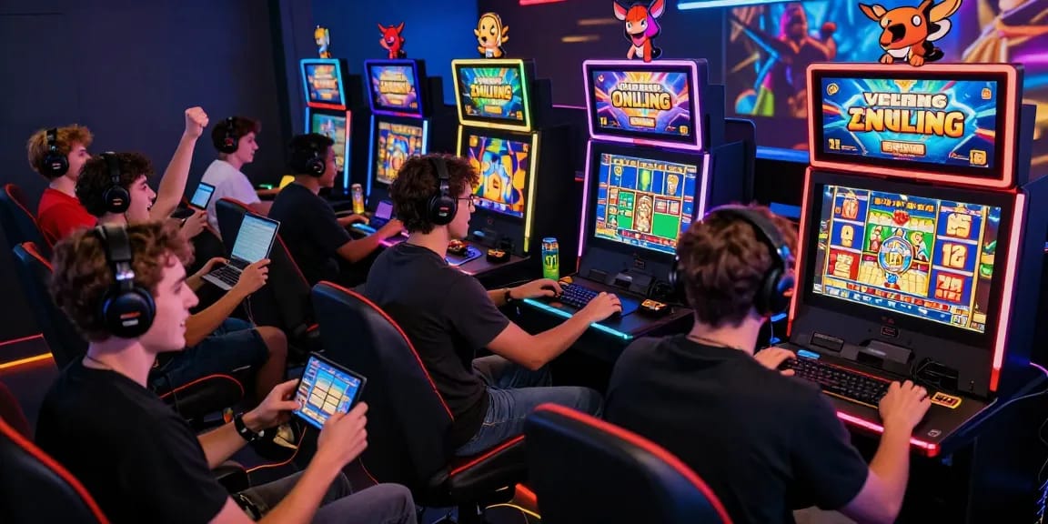 Engaged players enjoying the excitement of slot zeus online gaming with vibrant screens and accessories.