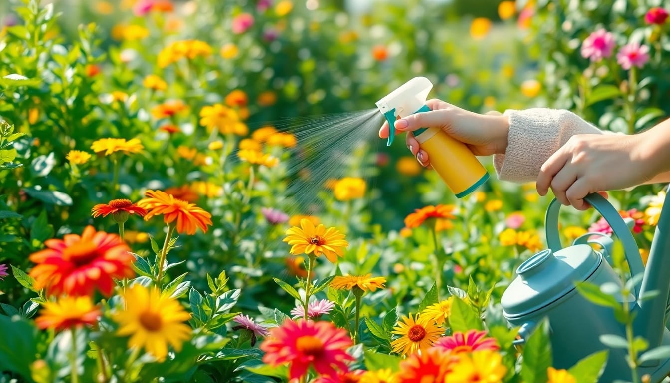 Applying an organic insect control option in a vibrant garden setting with colorful plants.