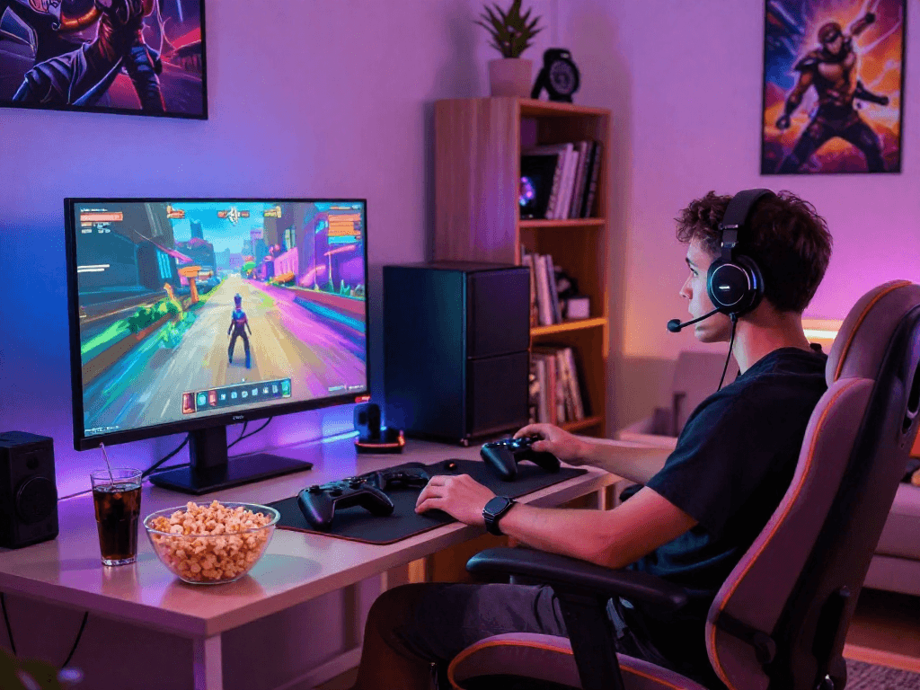 Engaging adult game scene with gamer immersed in colorful visuals