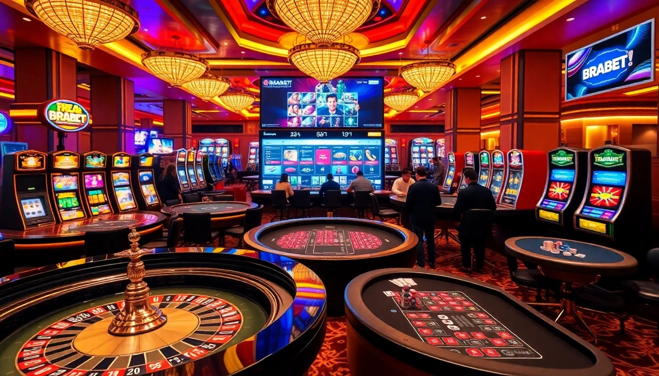 Experience BRABET's vibrant casino atmosphere with gaming tables, chips, and engaging online platforms.