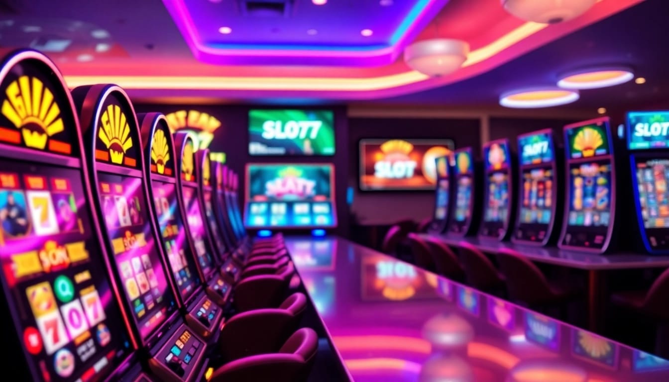 Permainan Slot77 yang seru dengan mesin slot berwarna-warni di lingkungan kasino modern.