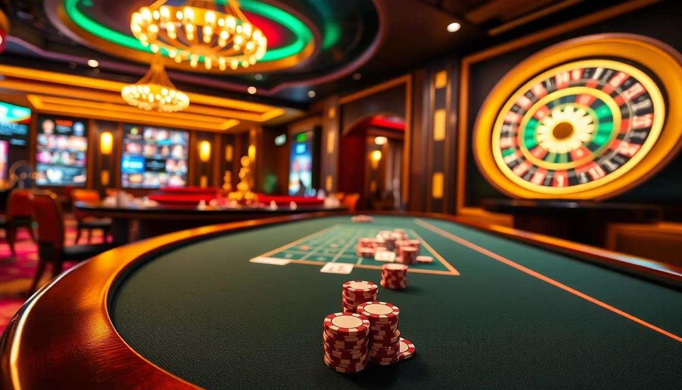 L'excitation du meilleur casino en ligne capturée dans une scène de poker vibrante avec des éléments de luxe.
