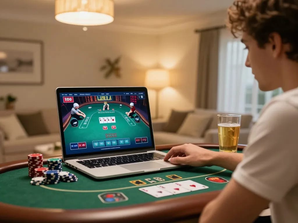 Engaging online gaming scene featuring nhà cái 388bet with player on laptop, strategizing poker.