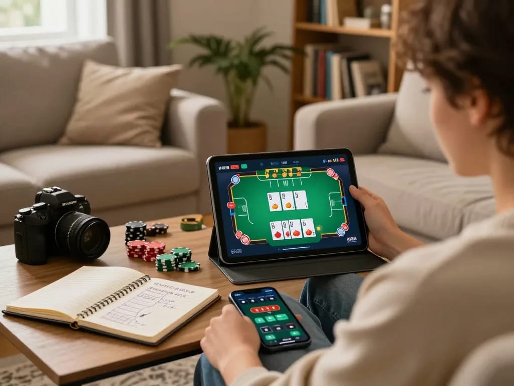 Person engaging in online poker on vipwin tablet in cozy home setting.
