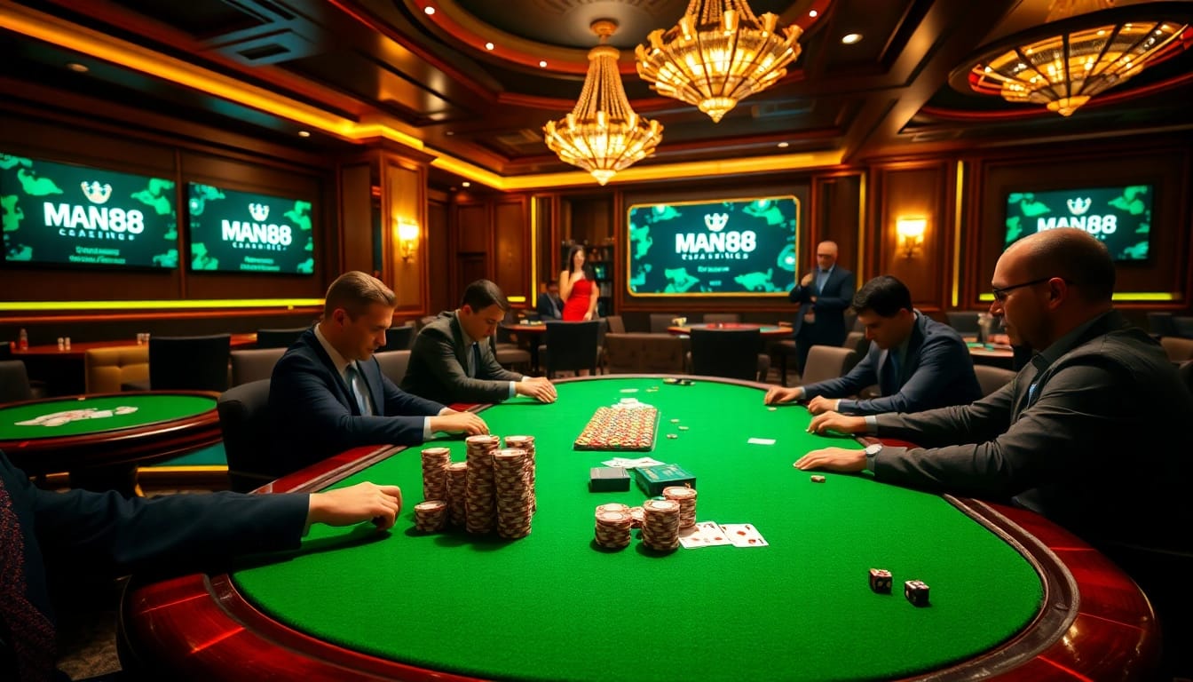 Man88 players strategizing and placing bets at a high-stakes poker table in an elegant casino.