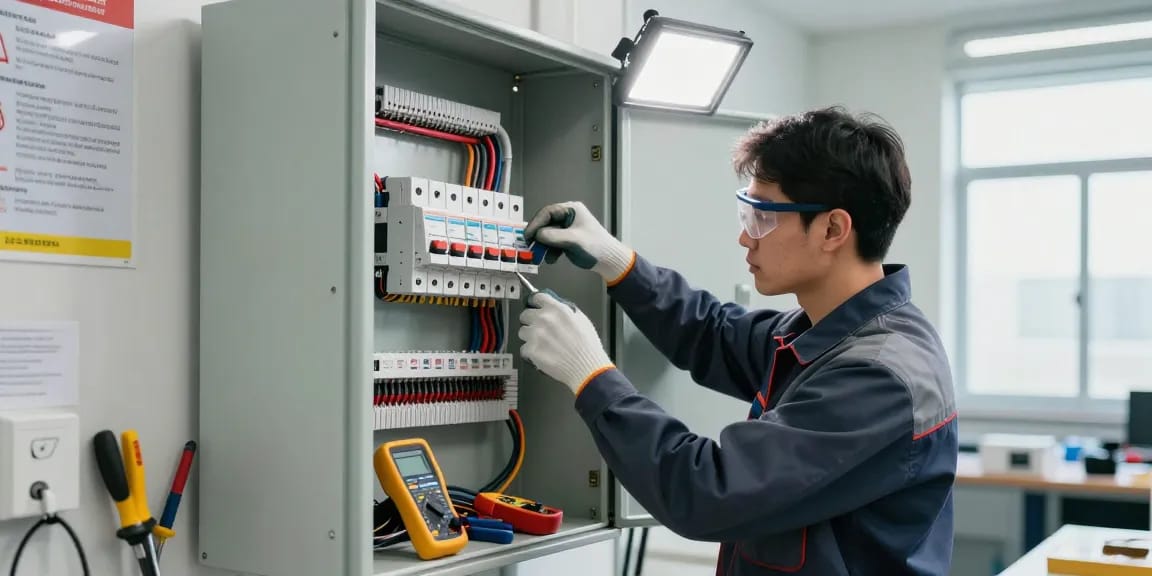 Technician installing a Residual current circuit breaker in a modern electrical panel, showcasing precision and safety.