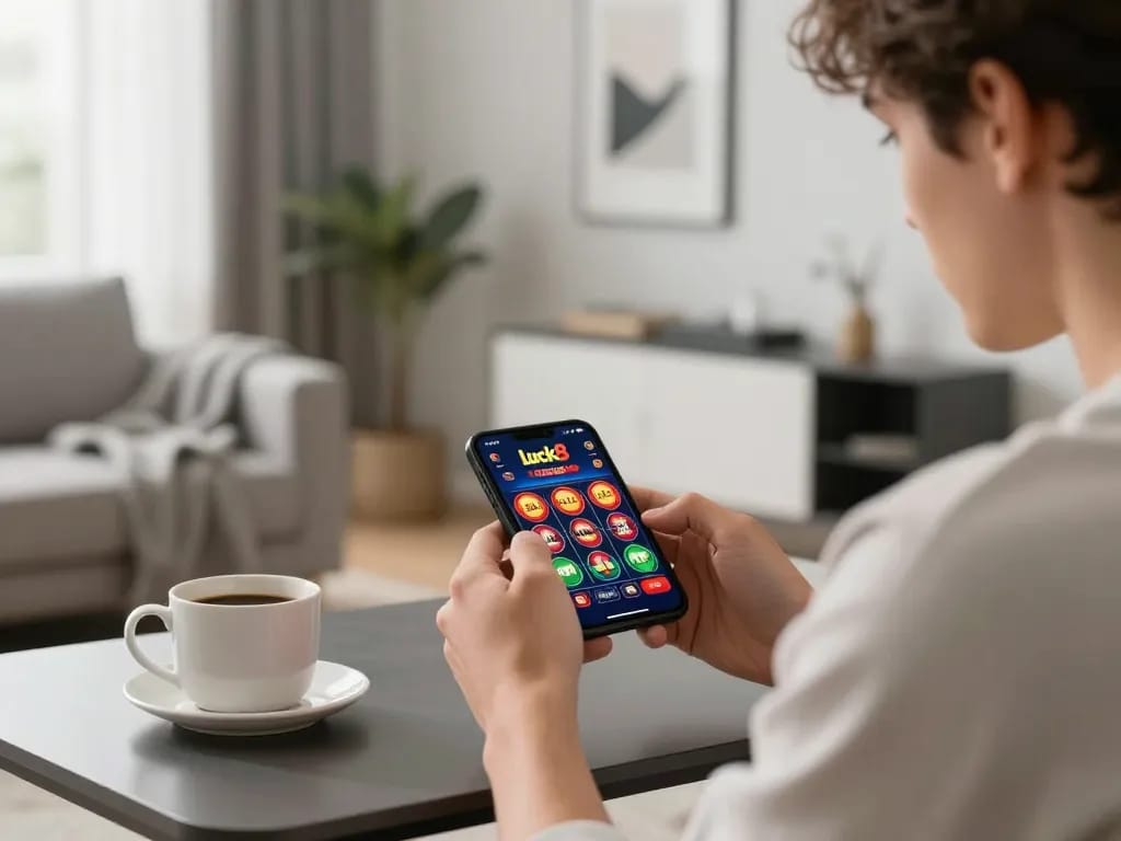 Engaging player exploring the luck8 casino app on smartphone in a stylish home setting