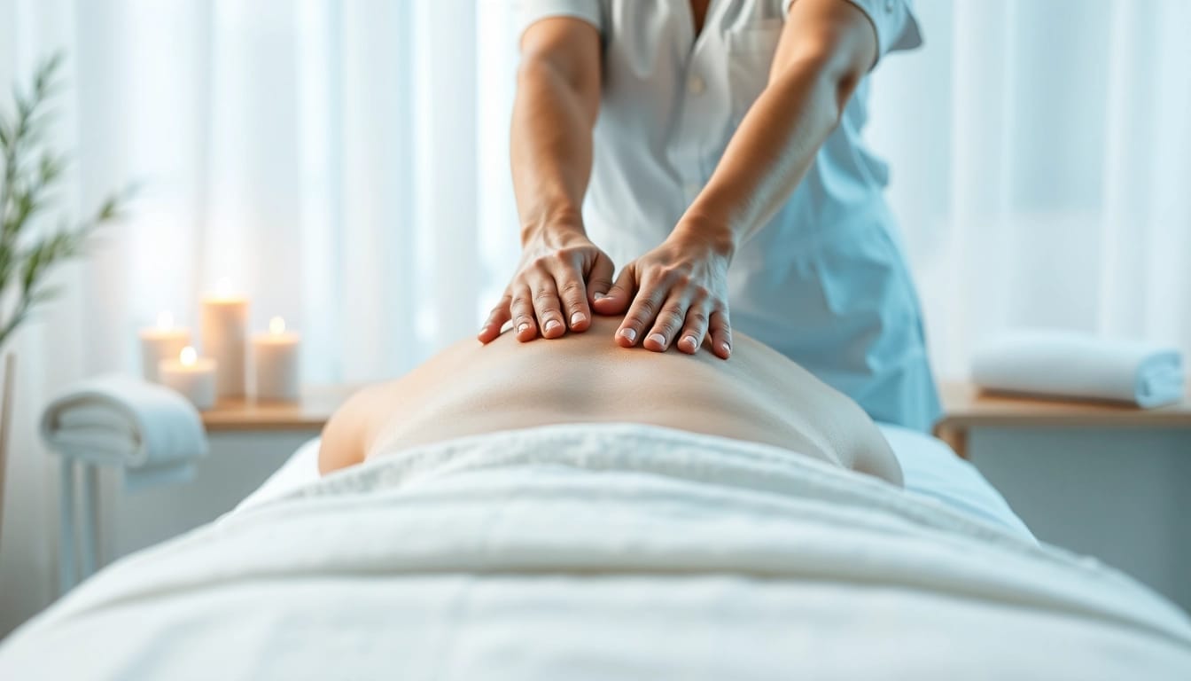 마사지 치료가 이루어지는 편안한 환경에서 마사지사의 기술적인 움직임을 보여줍니다.