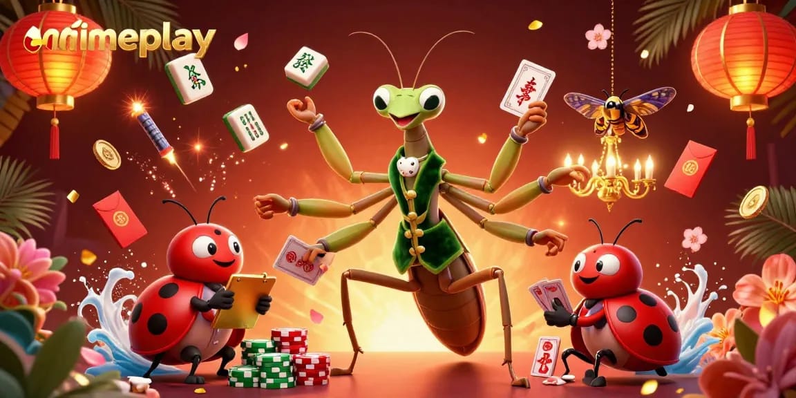 Menangkan permainan di animeplay dengan ilustrasi kartun 3D yang memperlihatkan mantis raksasa dan ladybug boss.