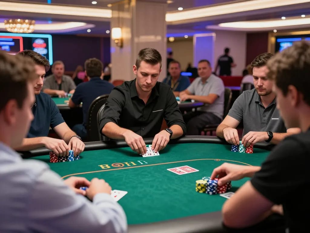 Players enjoy a live poker game at a vibrant casino, showcasing the excitement of betting and strategy at https://uu88.agency/.