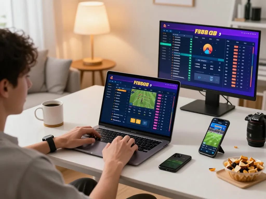 Engaging in fb88 kèo nhà cái betting strategy at home with laptop and smartphone in a cozy setup.