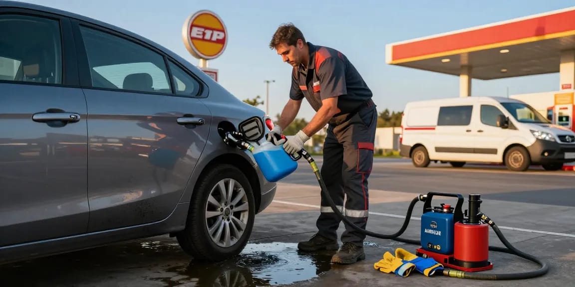 Technician safely draining contaminated Adblue in diesel car at fuel station