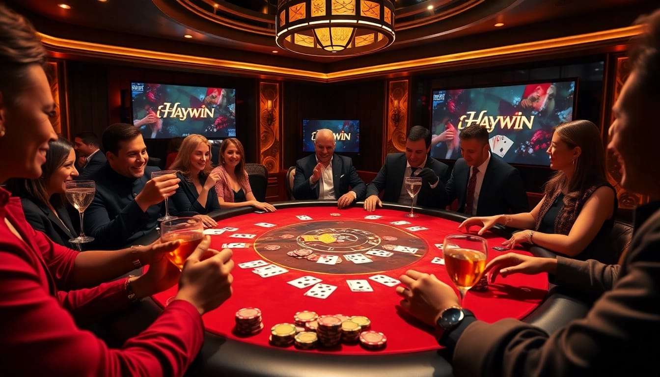 Excited players strategizing at a poker table in the luxurious Haywin casino.