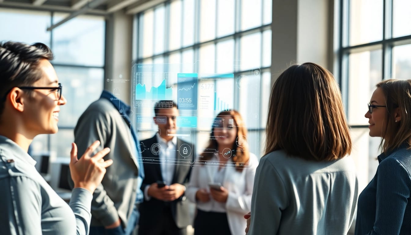 Visualize an enterprise assistant enhancing team collaboration in an engaging office setting.