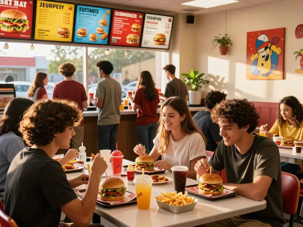 Friends enjoying a lively meal at a fast food restaurant, showcasing fast food prices.