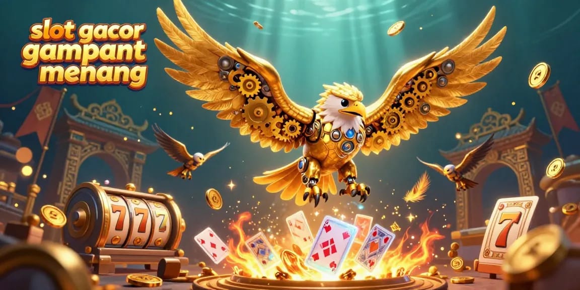Experience thrilling wins with slot gacor gampang menang through a cybernetic eagle diving amidst swirling coins and vibrant game elements.