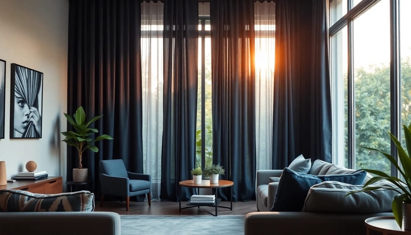 Verduisterende gordijnen creëren een sfeervolle, donkere omgeving in deze stijlvolle woonkamer.