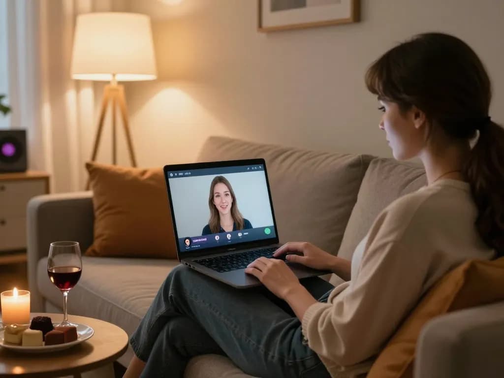 Engaging in a sex chat AI session on a sleek laptop in a cozy living room, highlighting modern intimacy.