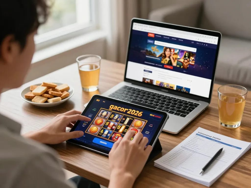 Engaging with slot-gacor2026 on a tablet, highlighting online casino home gaming