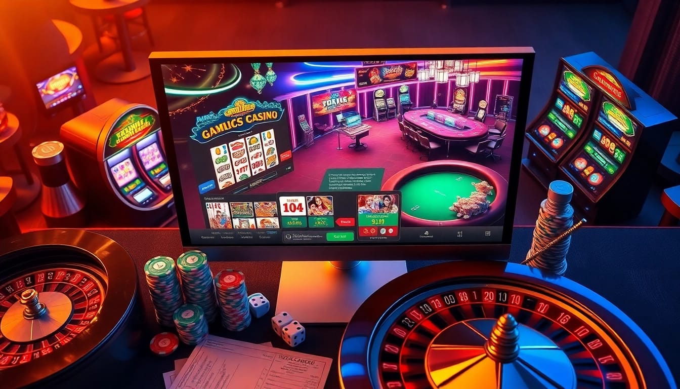 Experience the excitement of Trang chủ S88VIP through vibrant casino visuals featuring poker tables and slot machines.