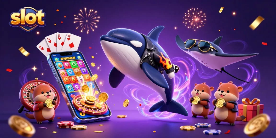 Slot menarik dengan orka, ikan pari, dan ikan laut lainnya merayakan jackpot dan kepingan emas.