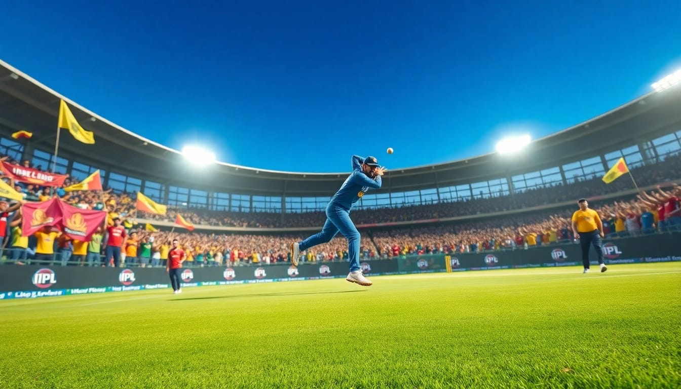 Energetic scene of IPL cricket prediction with players in action and cheering crowd.