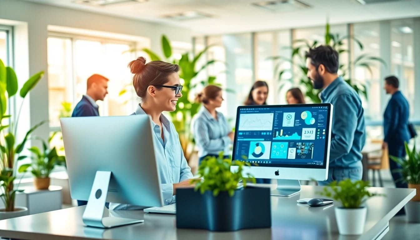 Empower your team with an enterprise assistant guiding them in a modern office.