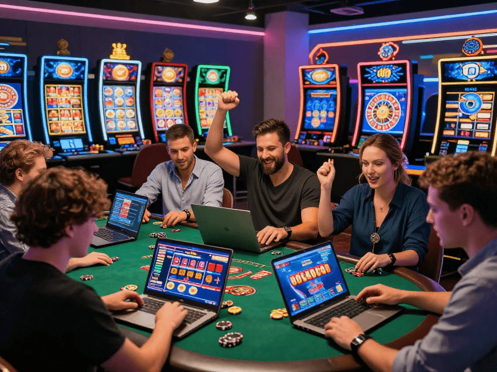 Players enjoying games at online euro casinos in a vibrant digital environment, showcasing excitement and interaction.