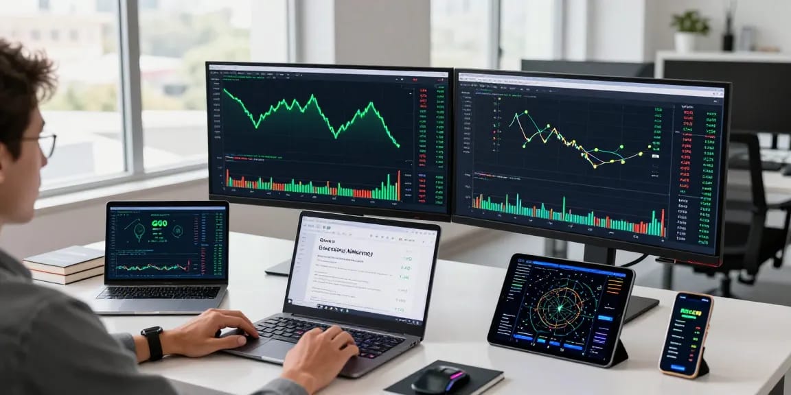 Green energy cloud mining workspace with dual monitors displaying cryptocurrency trading metrics and DeFi platform data.