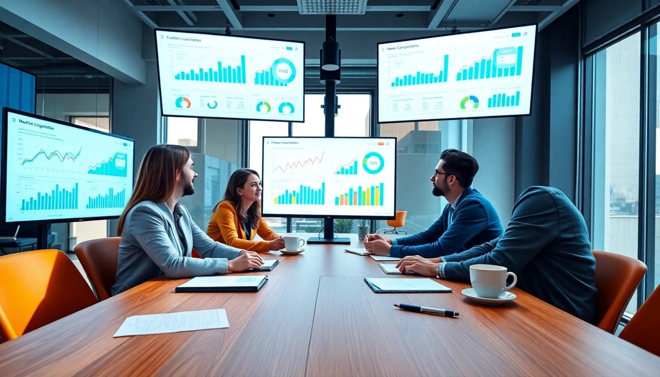 Utilize AI for competitor analysis with a team collaborating in a modern office setting.