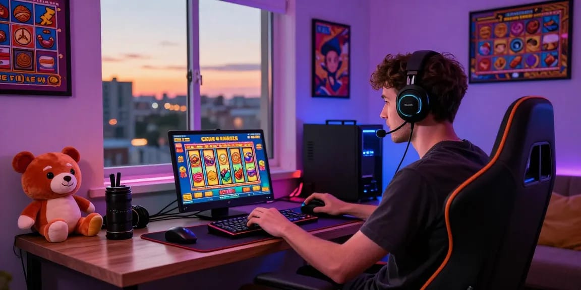 Enthusiastic player enjoying slot online on laptop in vibrant gaming setup.
