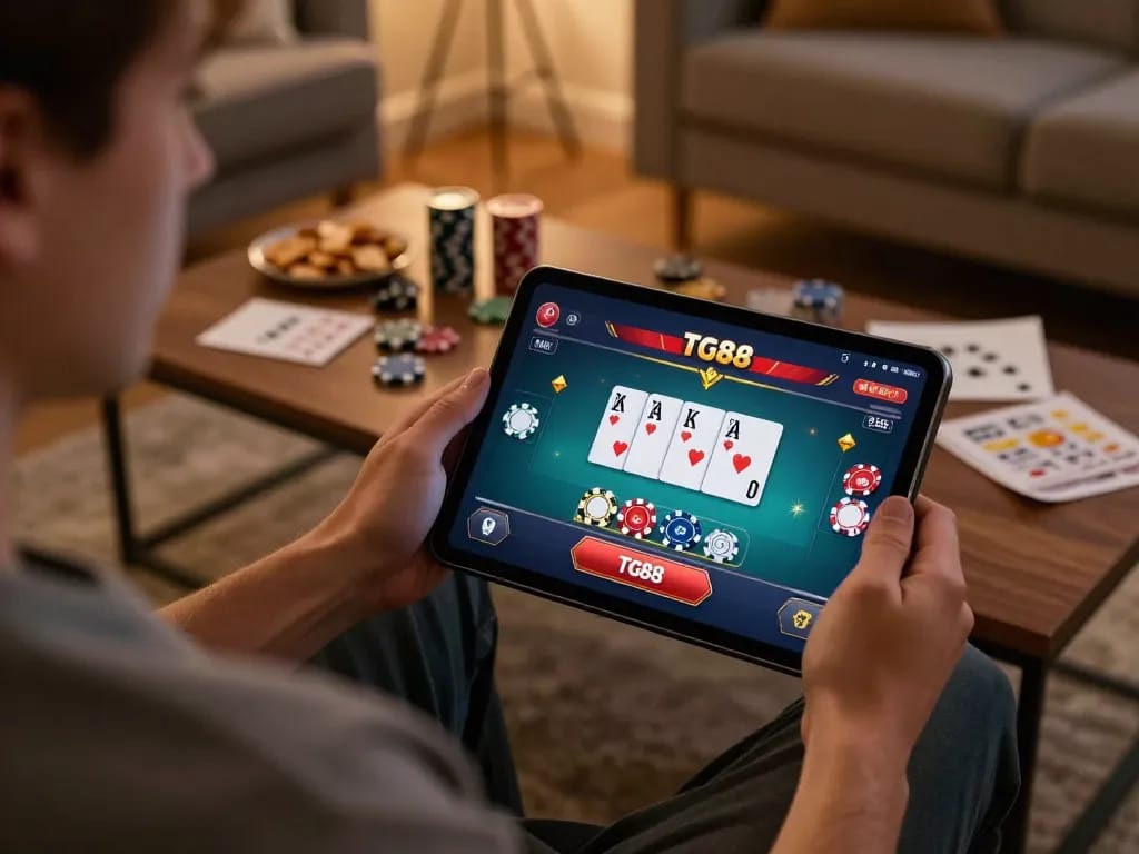 Engaging tg88 online casino gameplay scene in a cozy home setting.