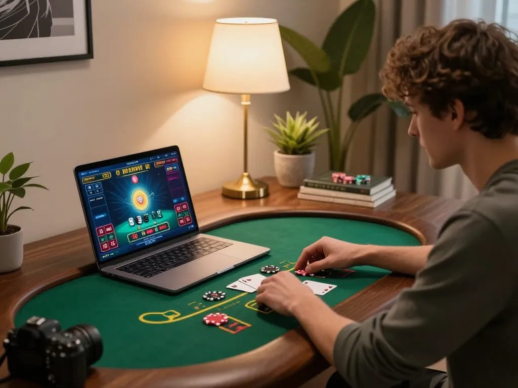 Player strategizing in an engaging okwin online blackjack game at home, vibrant interface clearly visible.