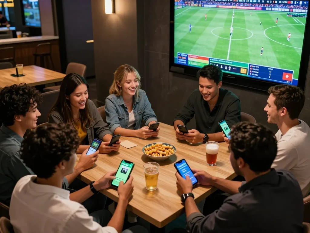 KQBD football enthusiasts placing bets on a sports app in an exciting lounge atmosphere.