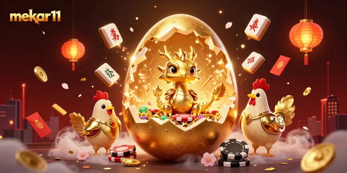 Mekar11 showcases an enchanting golden dragon amidst poker chips, creating a magical gambling experience.