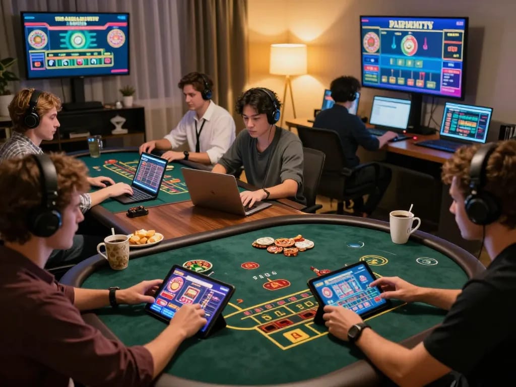 Players enjoying live casino games on their devices, showcasing alexis77's engaging online platform.