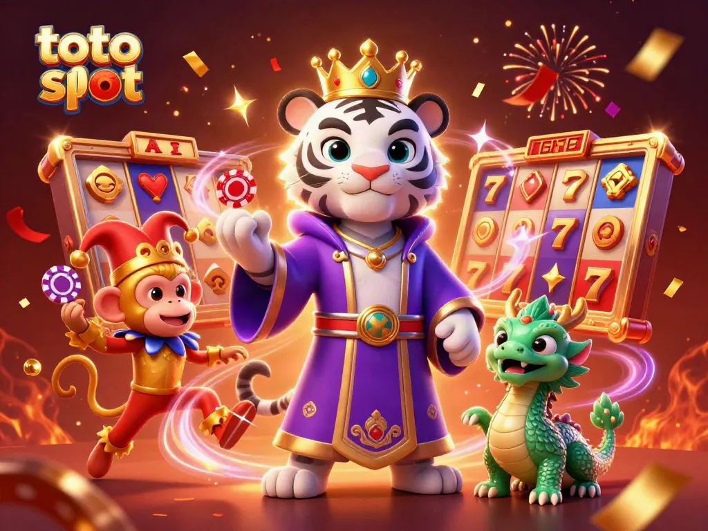 Menggoda kemenangan di toto slot dengan harimau putih dan monyet emas yang lucu, dikelilingi oleh elemen kasino.
