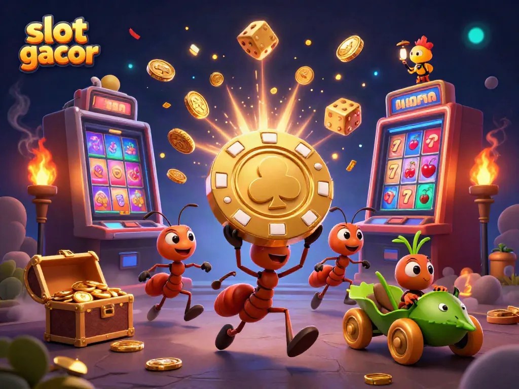 Slot gacor menampilkan tim karakter 3D lucu yang mencuri chip poker emas dalam suasana kasino.