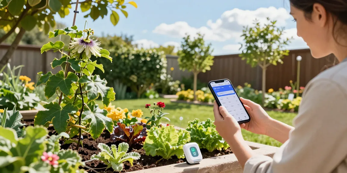 Homeowner setting up a rainpoint wifi water timer in a flourishing garden.