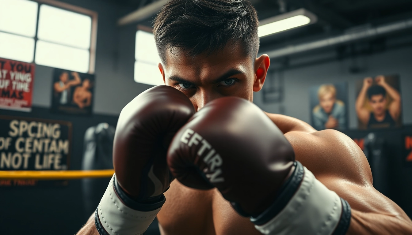 Fighter training with high-quality MMA gloves in a vibrant gym setting.