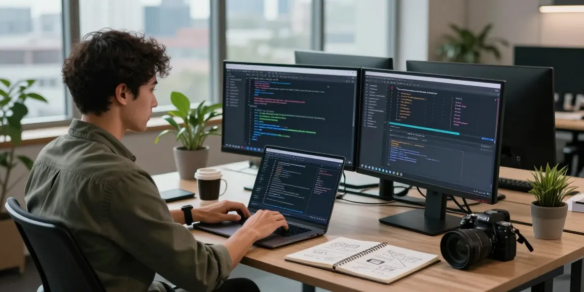 WhatsApp下載 in a modern tech workspace featuring a developer actively coding on dual monitors with coffee and notes.