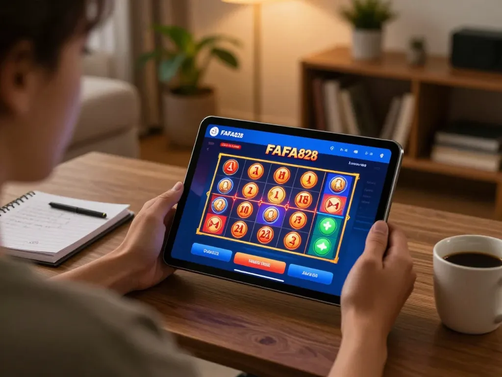 FAFA828 online gaming experience on a tablet, showcasing exciting slot options in a cozy home.