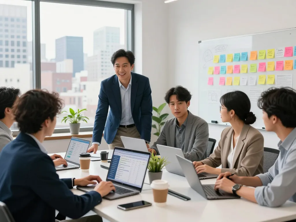 Dynamic team collaboration in New York SEO Services, showcasing professional workspace and analytics.