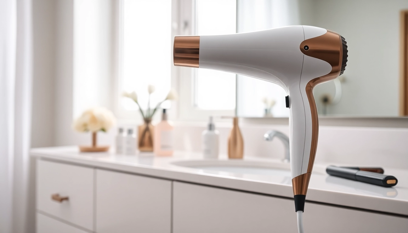 Enhancing frizzy hair with a sleek, modern hair dryer designed for frizzy hair.