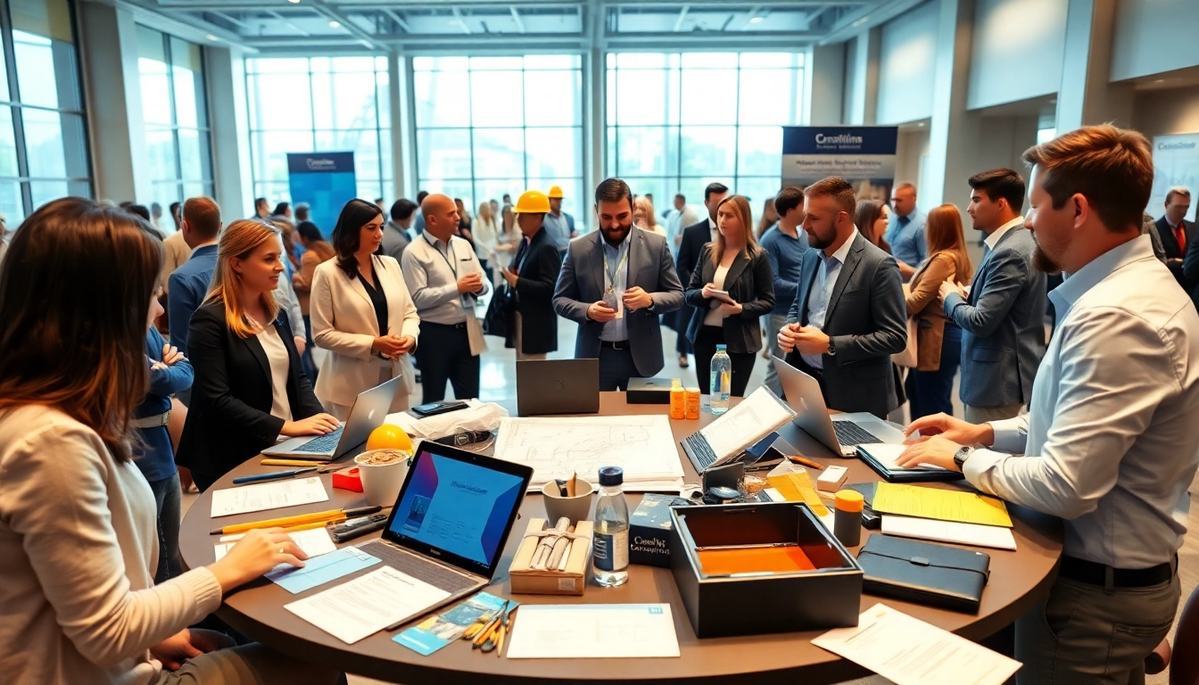 Dynamic construction networking event with professionals engaging actively around a table.