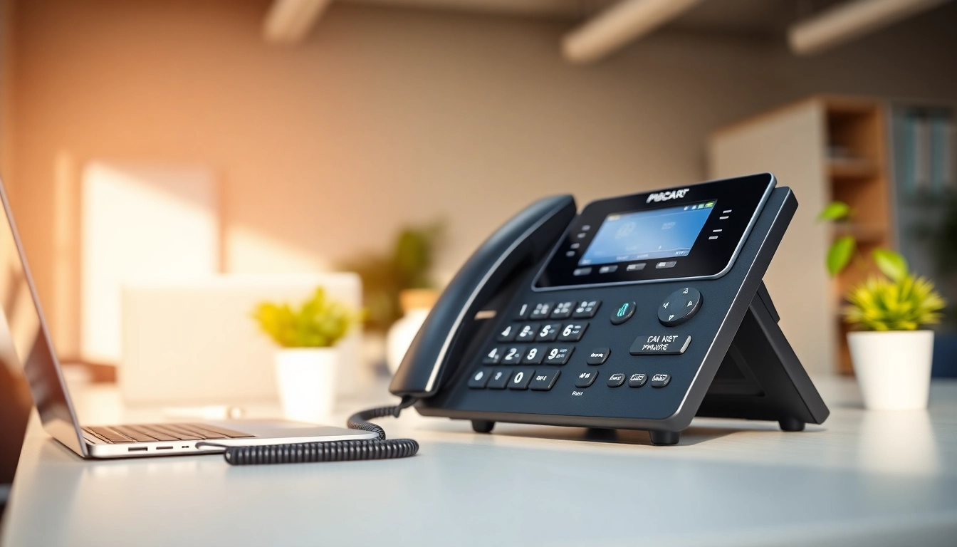 Showcase of a small business phone system in a modern office environment highlighting its features.