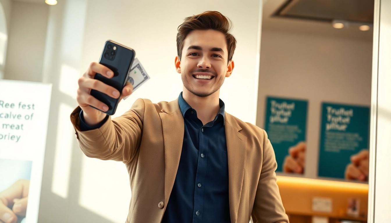 Sell iPhone for cash with a confident seller showcasing a smartphone and cash at a bright storefront.