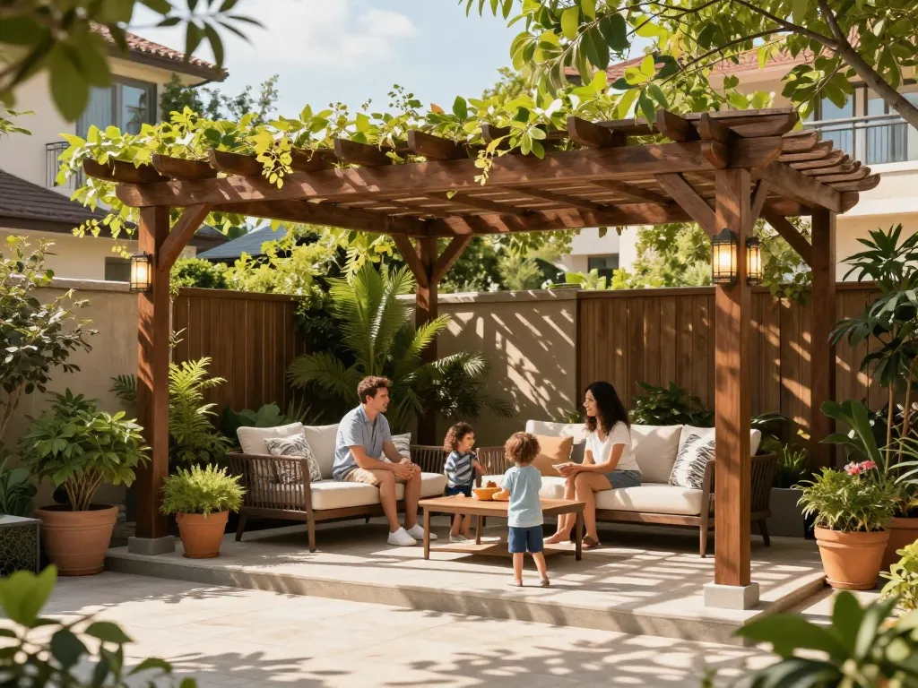Beautiful outdoor scene showcasing a family enjoying a custom-configured 3D pergola in a serene garden setting.