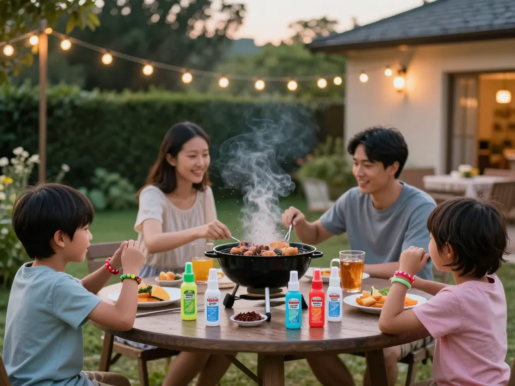 Family enjoying summer barbecue with Best Mosquito Repellent products on patio.
